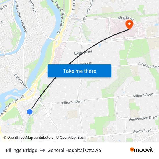 Billings Bridge to General Hospital Ottawa map