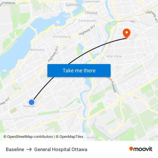 Baseline to General Hospital Ottawa map