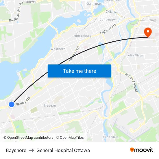 Bayshore to General Hospital Ottawa map