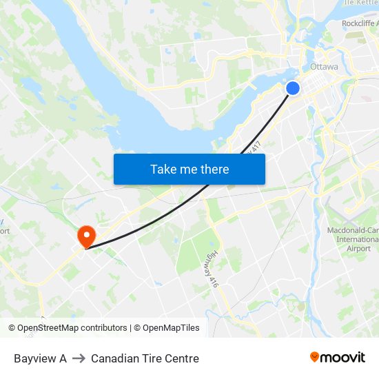Bayview A to Canadian Tire Centre map
