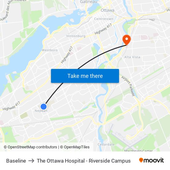 Baseline to The Ottawa Hospital - Riverside Campus map
