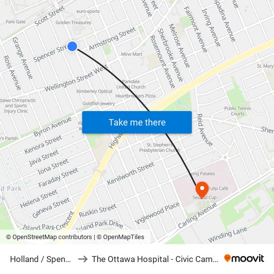 Holland / Spencer to The Ottawa Hospital - Civic Campus map