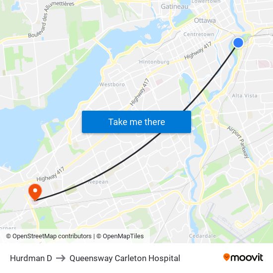 Hurdman D to Queensway Carleton Hospital map