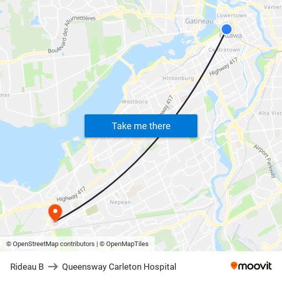 Rideau B to Queensway Carleton Hospital map