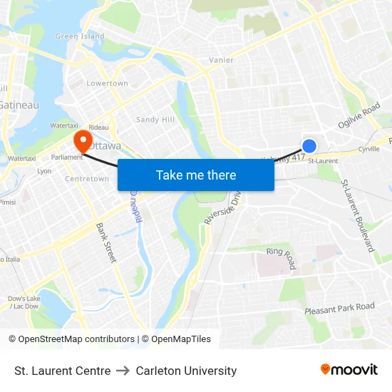 St. Laurent Centre to Carleton University map