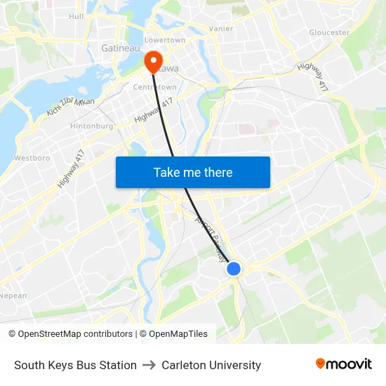 South Keys Bus Station to Carleton University map