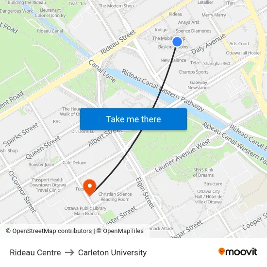 Rideau Centre to Carleton University map