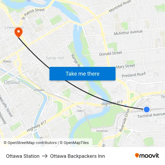 Ottawa Station to Ottawa Backpackers Inn map