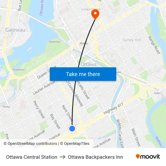 Ottawa Central Station to Ottawa Backpackers Inn map