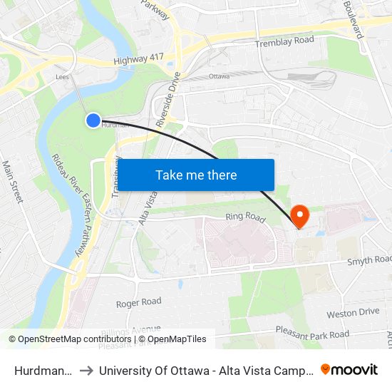 Hurdman D to University Of Ottawa - Alta Vista Campus map