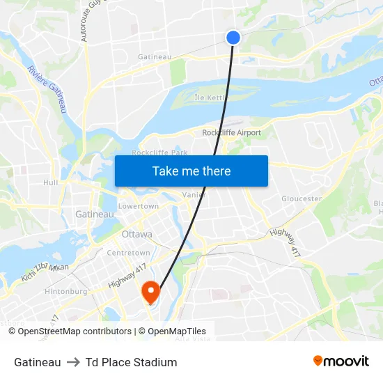 Gatineau to Td Place Stadium map