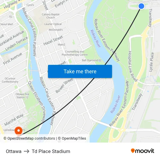 Ottawa to Td Place Stadium map