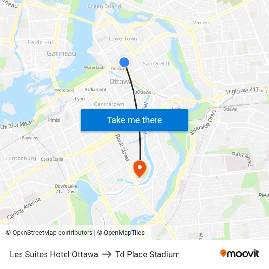 Les Suites Hotel Ottawa to Td Place Stadium map