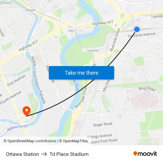 Ottawa Station to Td Place Stadium map