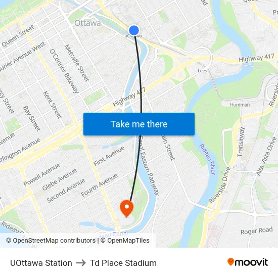 UOttawa Station to Td Place Stadium map