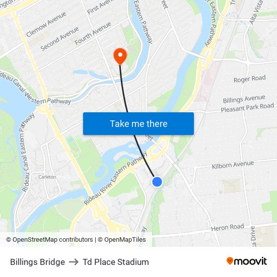 Billings Bridge to Td Place Stadium map