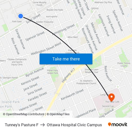 Tunney's Pasture F to Ottawa Hospital Civic Campus map