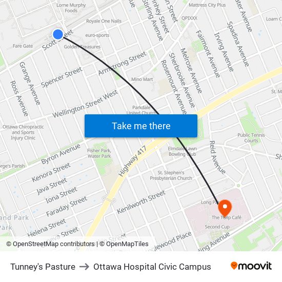 Tunney's Pasture to Ottawa Hospital Civic Campus map