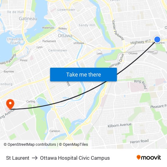 St Laurent to Ottawa Hospital Civic Campus map