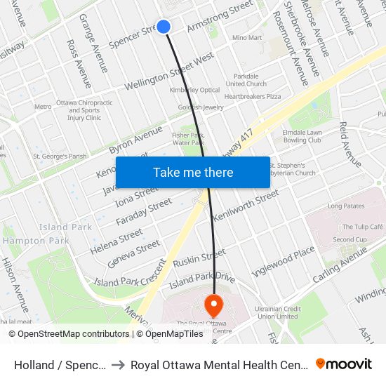 Holland / Spencer to Royal Ottawa Mental Health Centre map