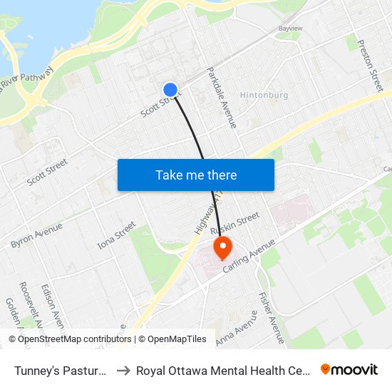 Tunney's Pasture B to Royal Ottawa Mental Health Centre map