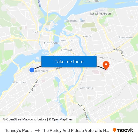 Tunney's Pasture F to The Perley And Rideau Veteran's Health Centre map