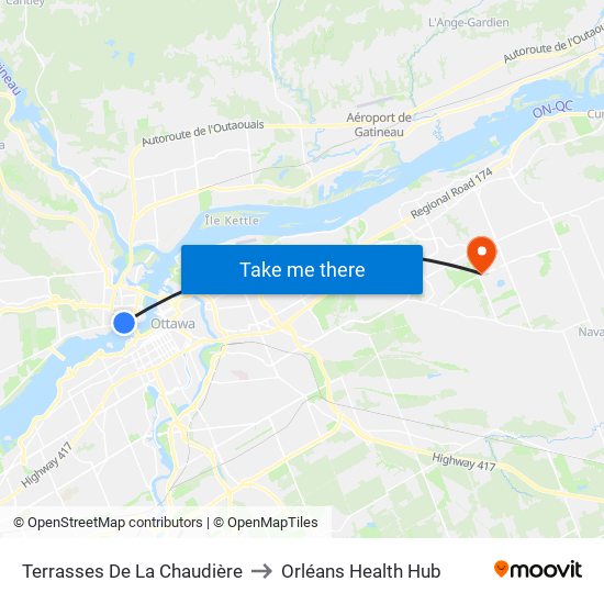 Terrasses De La Chaudière to Orléans Health Hub map