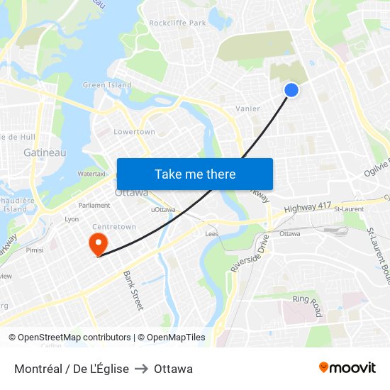 Montréal / De L'Église to Ottawa map