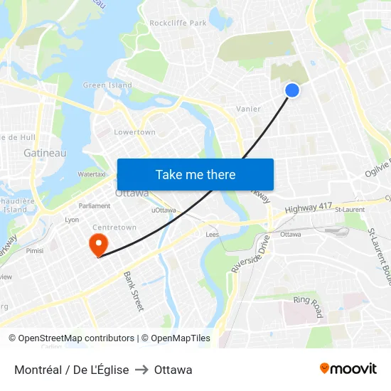 Montréal / De L'Église to Ottawa map