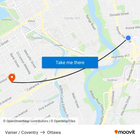 Vanier / Coventry to Ottawa map