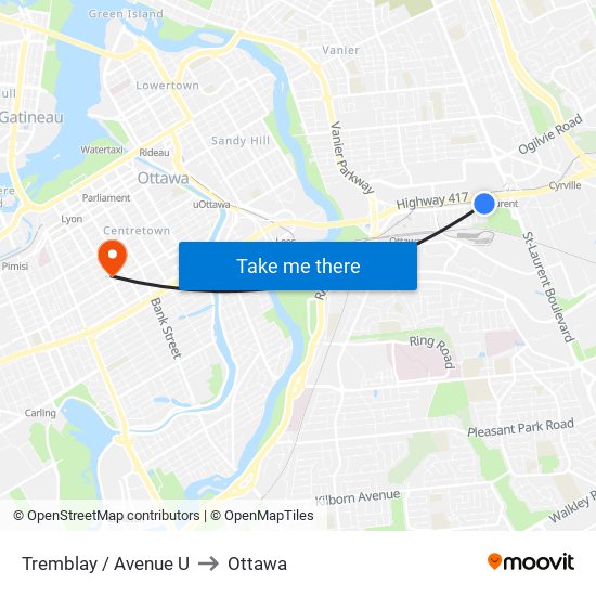 Tremblay / Avenue U to Ottawa map