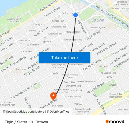 Elgin / Slater to Ottawa map