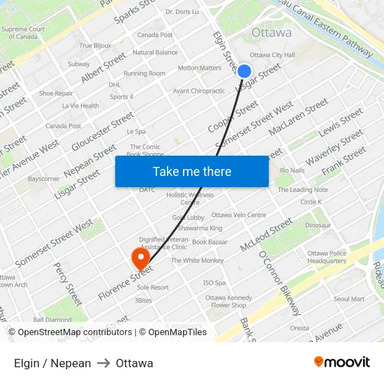 Elgin / Nepean to Ottawa map