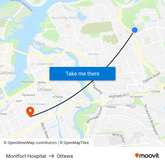 Montfort Hospital to Ottawa map