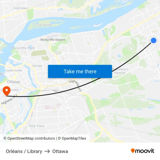 Orléans / Library to Ottawa map