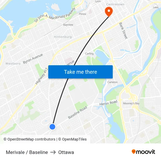 Merivale / Baseline to Ottawa map