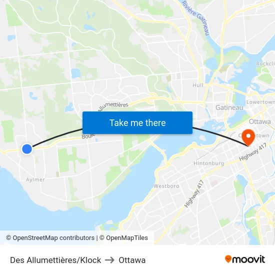 Des Allumettières/Klock to Ottawa map