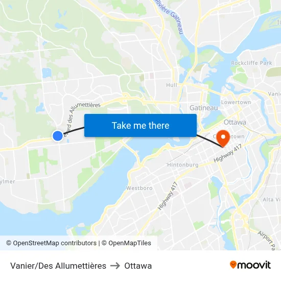 Vanier/Des Allumettières to Ottawa map