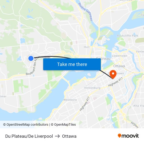 Du Plateau/De Liverpool to Ottawa map