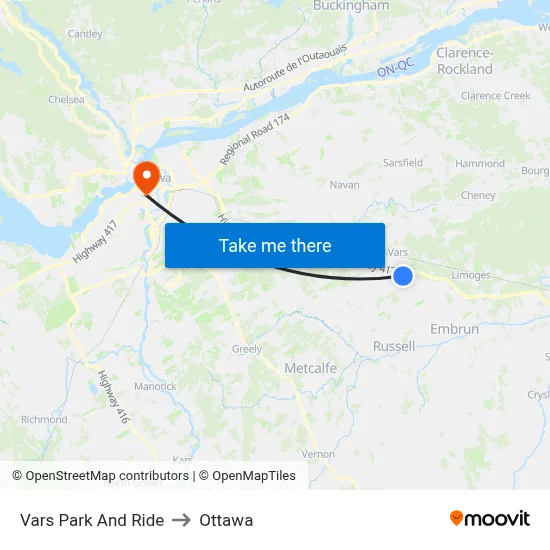 Vars Park And Ride to Ottawa map