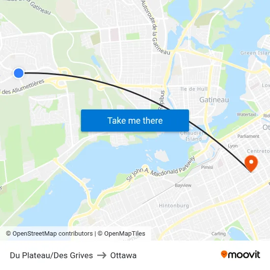 Du Plateau/Des Grives to Ottawa map