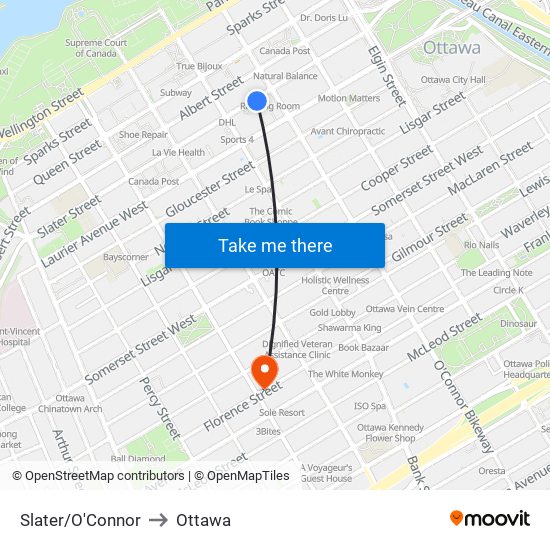 Slater/O'Connor to Ottawa map