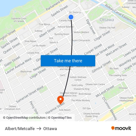 Albert/Metcalfe to Ottawa map