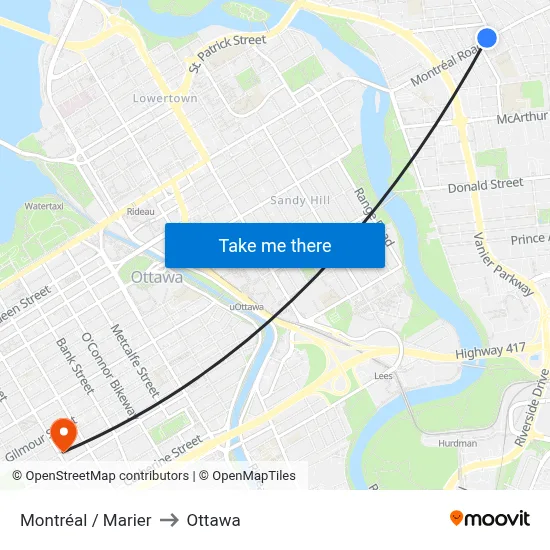 Montréal / Marier to Ottawa map