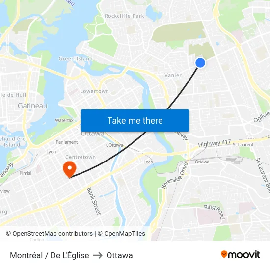 Montréal / De L'Église to Ottawa map