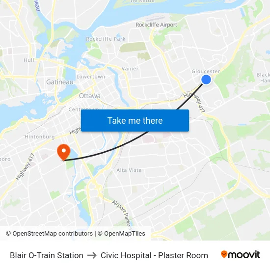 Blair O-Train Station to Civic Hospital - Plaster Room map