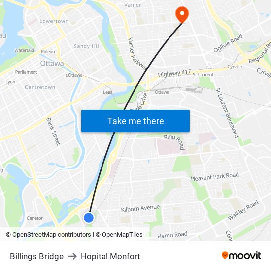 Billings Bridge to Hopital Monfort map