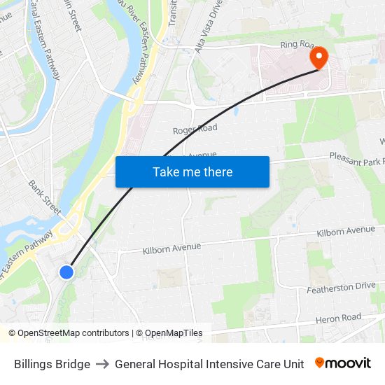 Billings Bridge to General Hospital Intensive Care Unit map