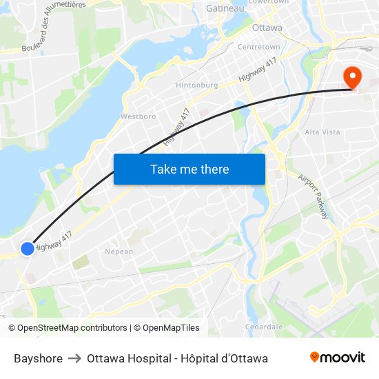 Bayshore to Ottawa Hospital - Hôpital d'Ottawa map