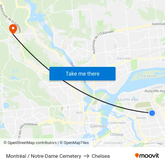 Montréal / Notre-Dame Cemetery to Chelsea map